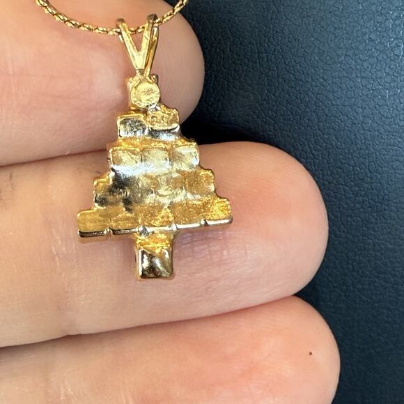 Christmas Tree Pendant Red Green Clear Rhinestones Gold Tone Necklace Vintage - Picture 4 of 7